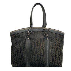 Auth DIOR/ChristianDior Flower,Trotter - Black Jacquard Leather Tote Bag